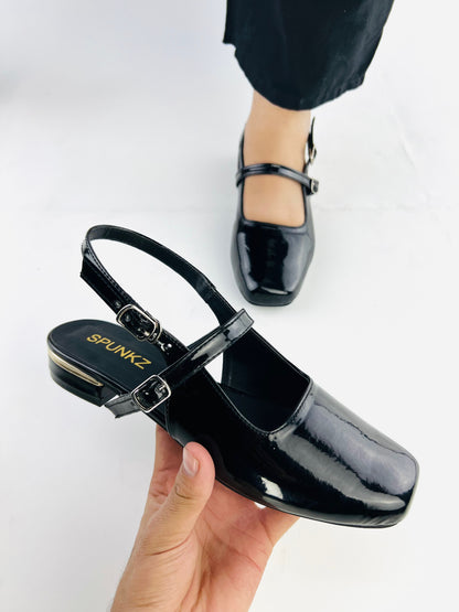 Black Patent Leather Open Back Square Toe Heel Shoes