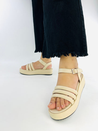 Spunkz Beige Patent Comfy Ankle Strap Platform Wedge Sandals-11027