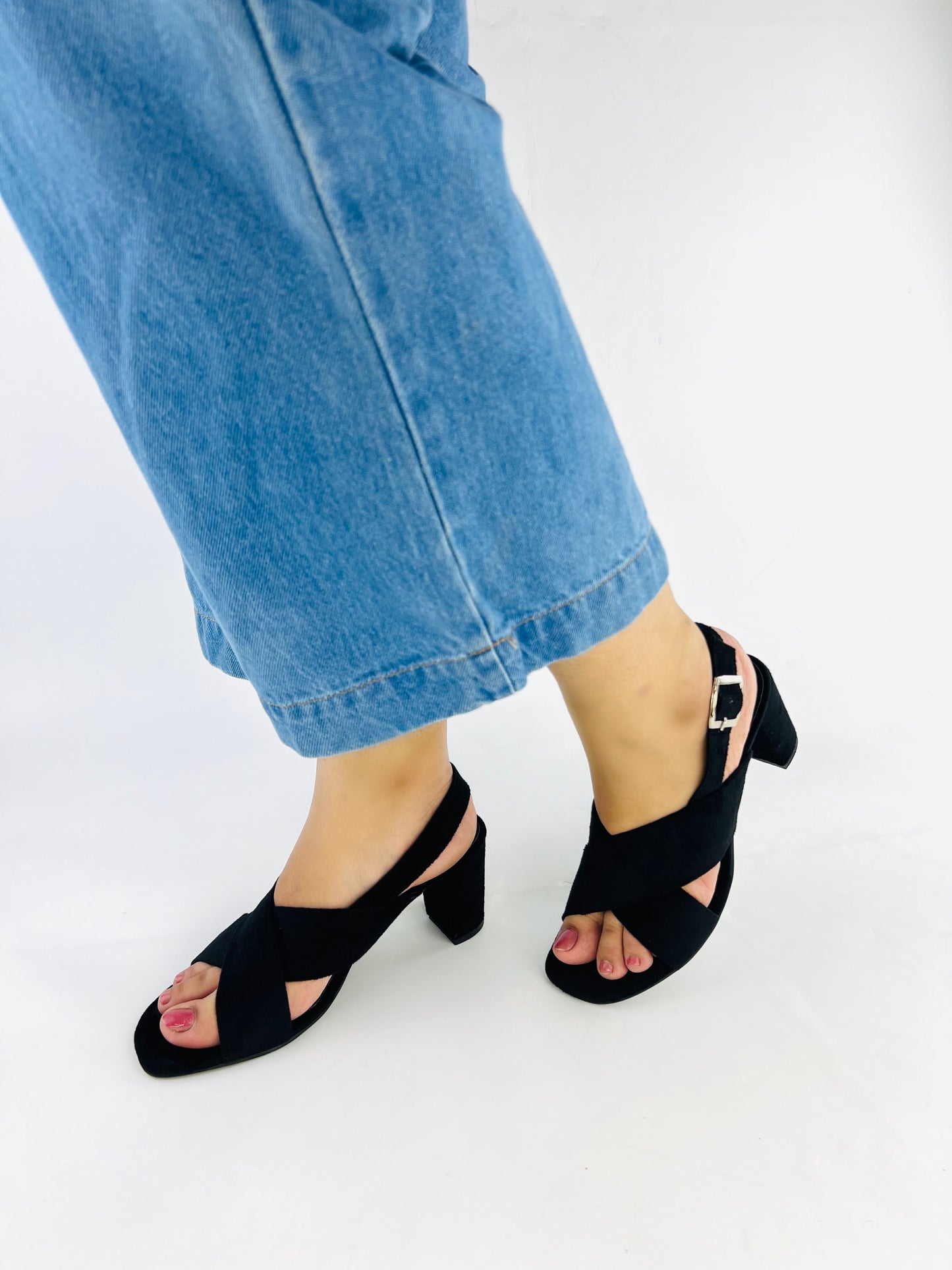 Spunkz Black Comfort Cross Over Block Heeled Sandals