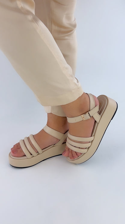 Spunkz Beige Patent Comfy Ankle Strap Platform Wedge Sandals