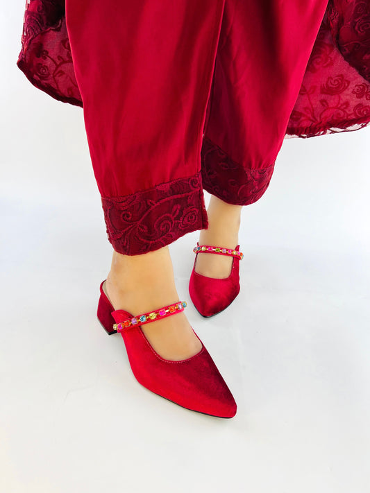 Spunkz Gemstone Straps Women Maroon Velvet Mules for Winter-11006