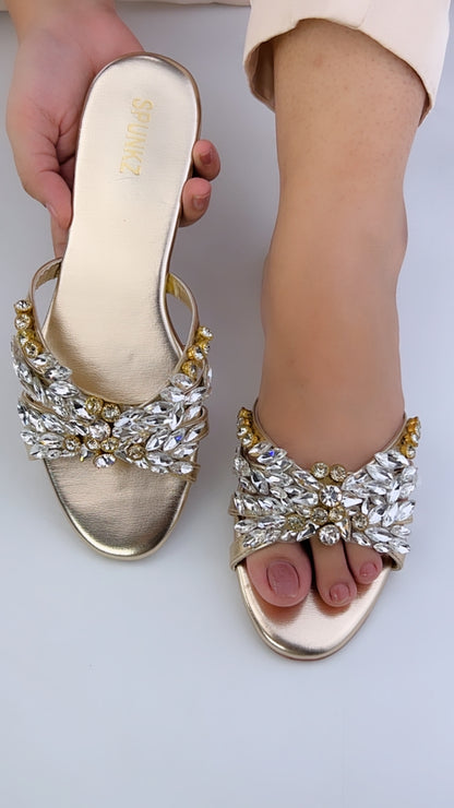 Spunkz Crystal Stones Embellished Golden Flat Sandals