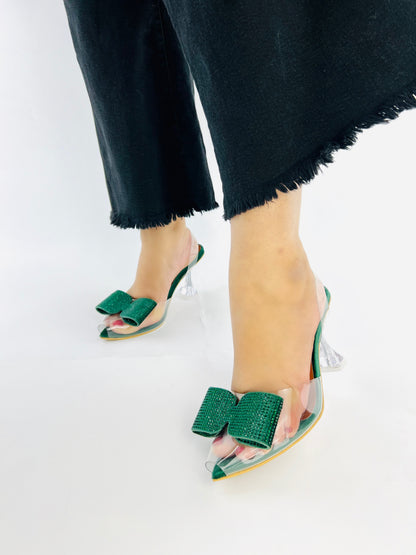 Green Romeo Crystal Bow Transparent Cinderella Heels