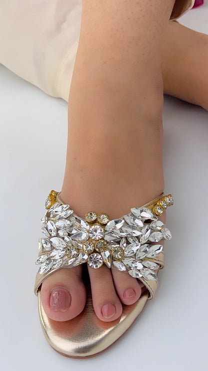 Spunkz Crystal Stones Embellished Golden Flat Sandals