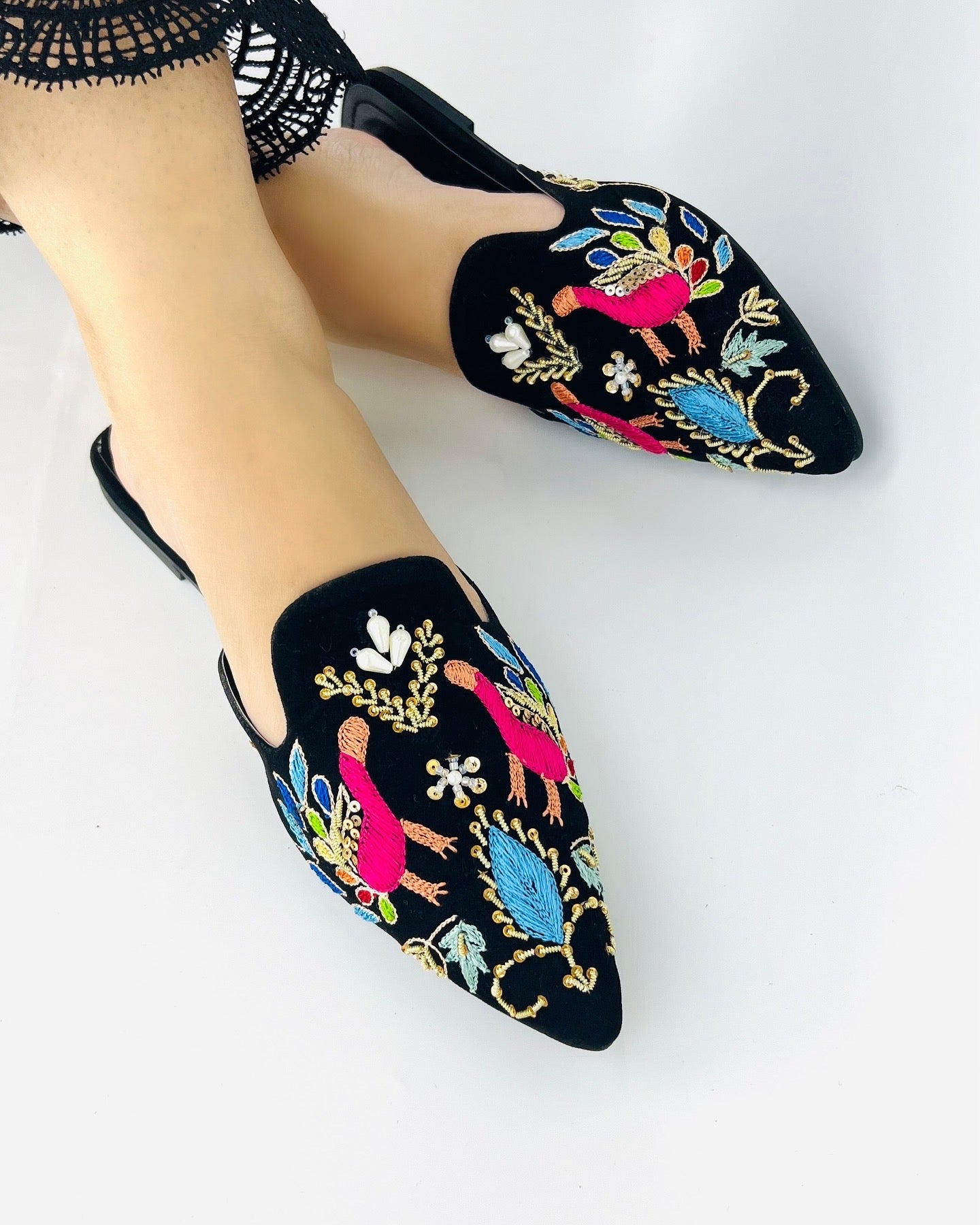 Spunkz Peacock Hand Embroidery Black Velvet Flat Mules