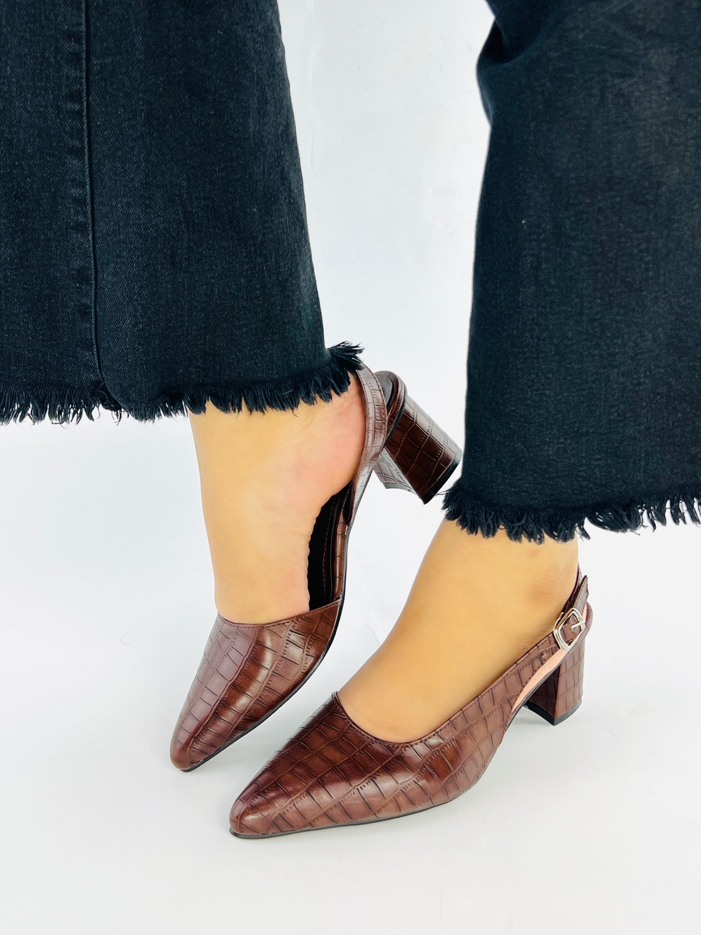 Spunkz Wood Embossed Croc Pattern Slingback Block Heel