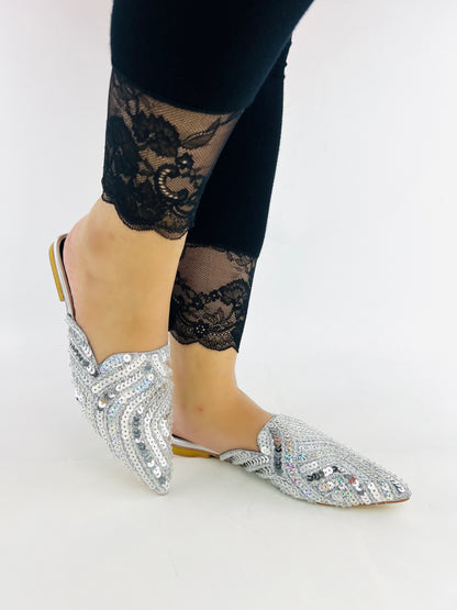 Spunkz Silver Sequins Mules for Weddings and Parties