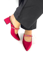 Jewel Maroon Block Heeled Sandals (11006) - Spunkz