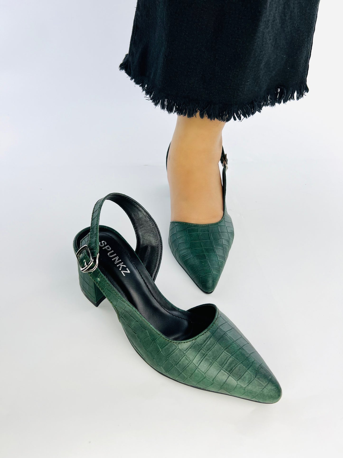 Spunkz Crocodile Embossed Green Leather Half Block Heel Sandals