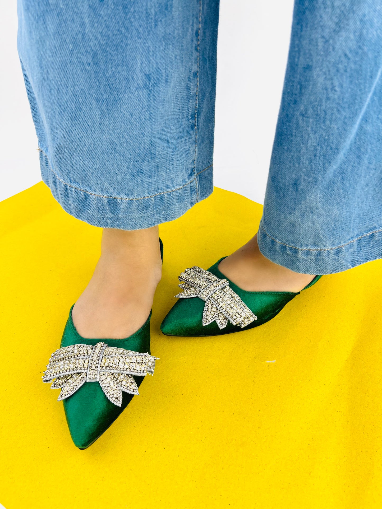 Spunkz Pointed Toe Rhinestone Bow Knot Green Slingback Flats