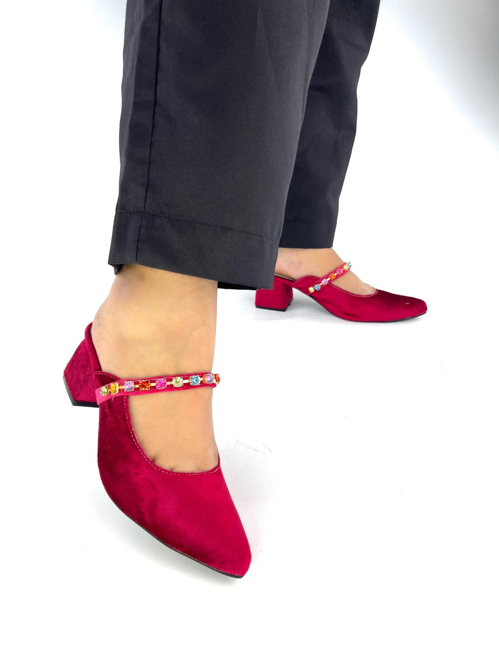Jewel Maroon Block Heeled Sandals (11006) - Spunkz