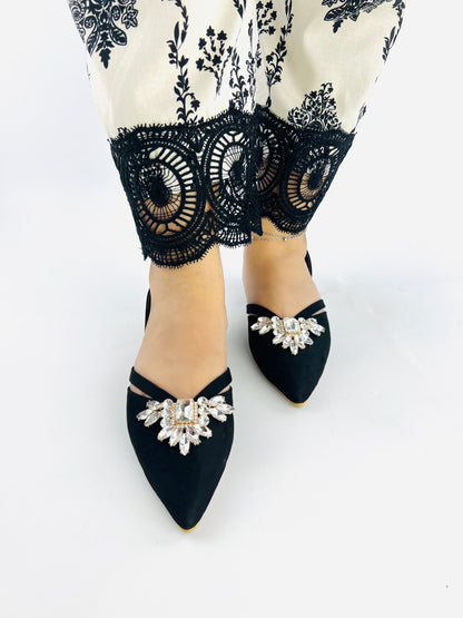 Spunkz Black Velvet Women Embellished Pointed Toe Flat Slingback Mules