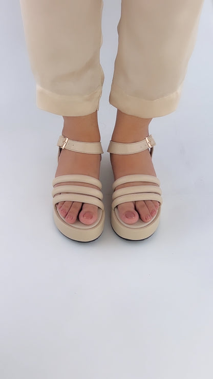 Spunkz Beige Patent Comfy Ankle Strap Platform Wedge Sandals