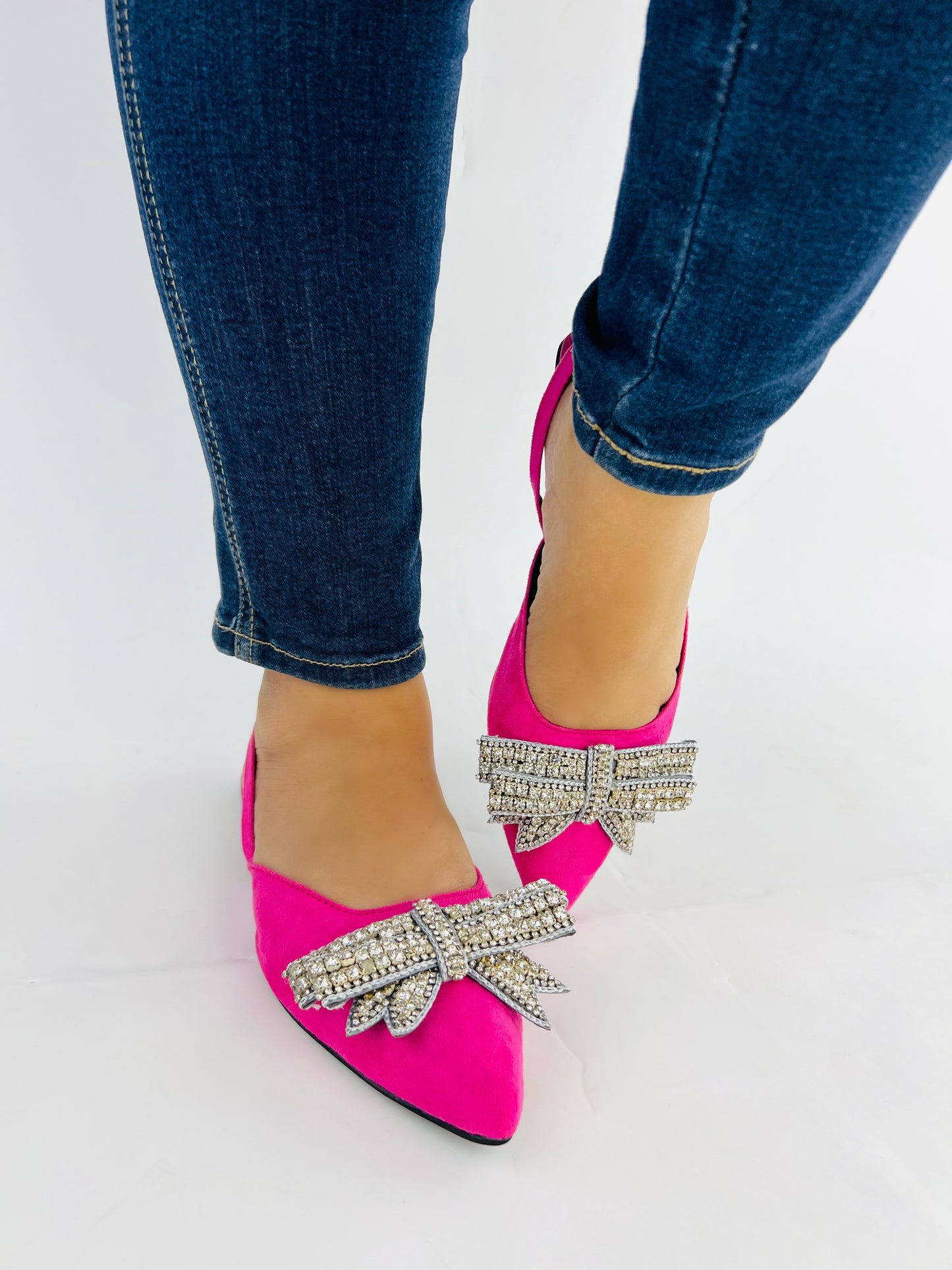 Spunkz Pink Rhinestone Bowknot Velvet Flat Mules