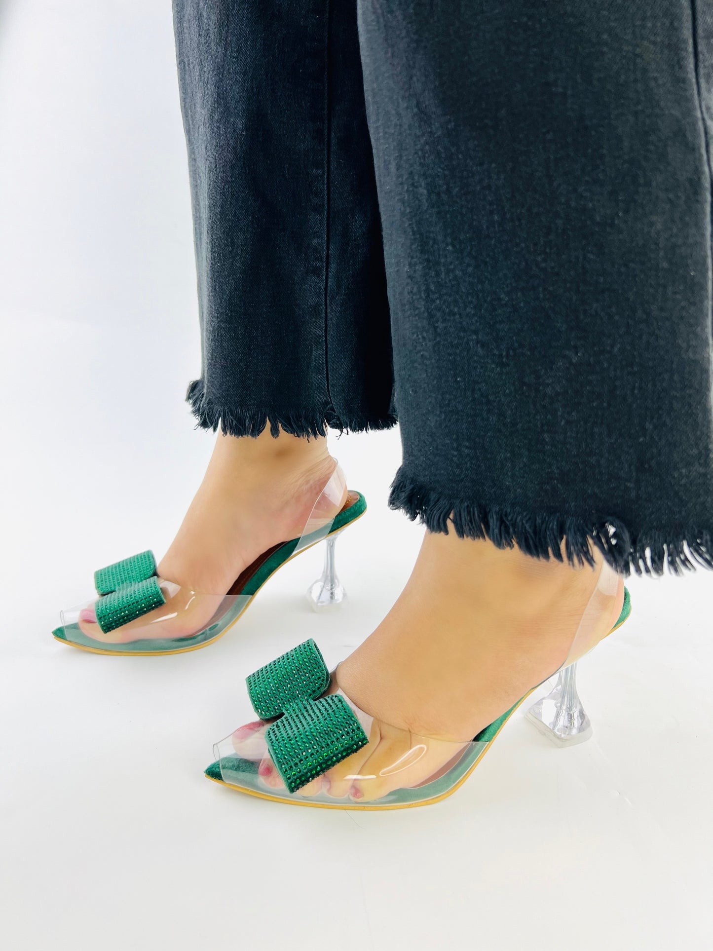 Green Romeo Crystal Bow Transparent Cinderella Heels