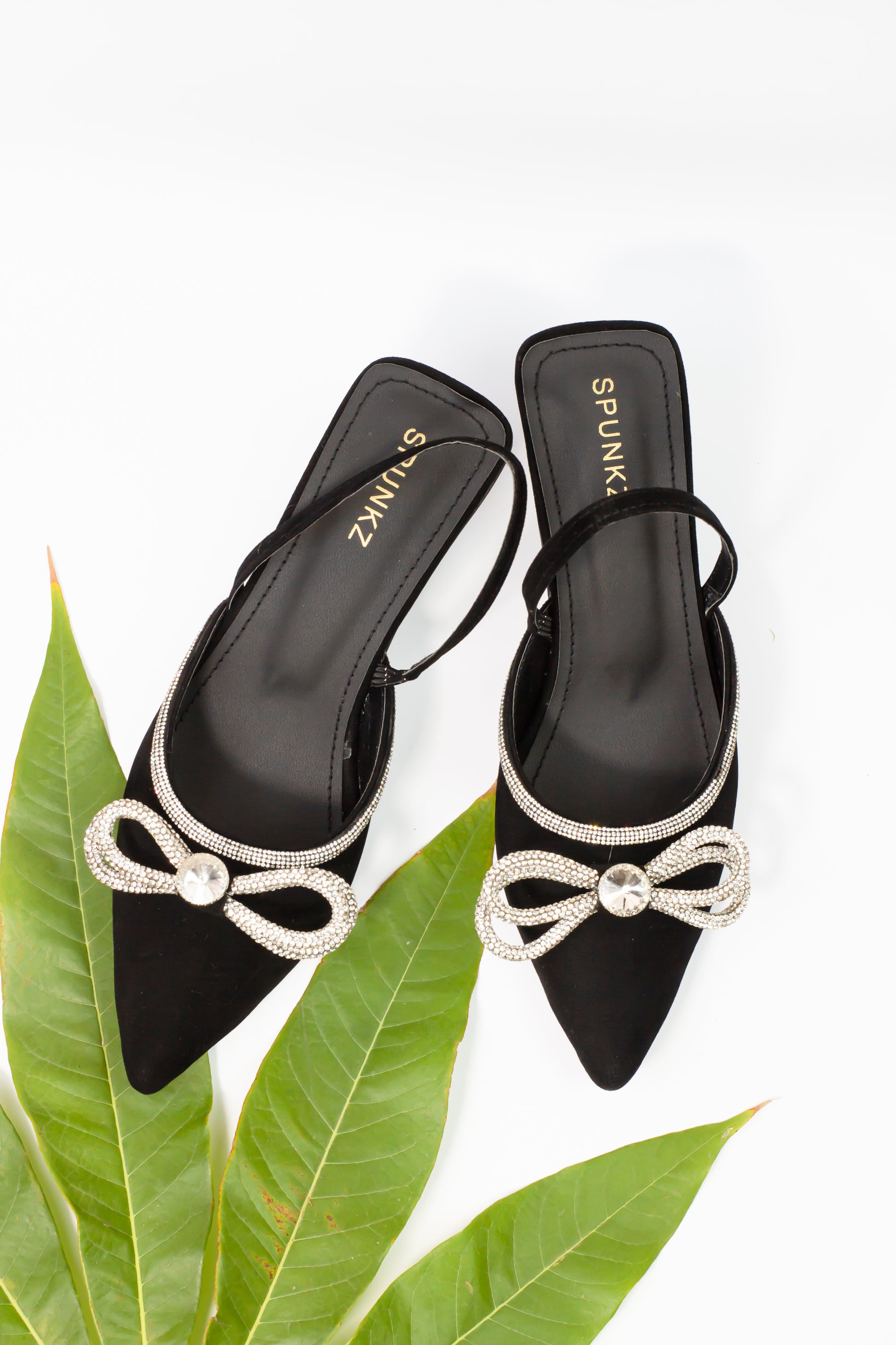 Alana Black Double Bowknot Diamond Bowtie Kitten Heel - Spunkz