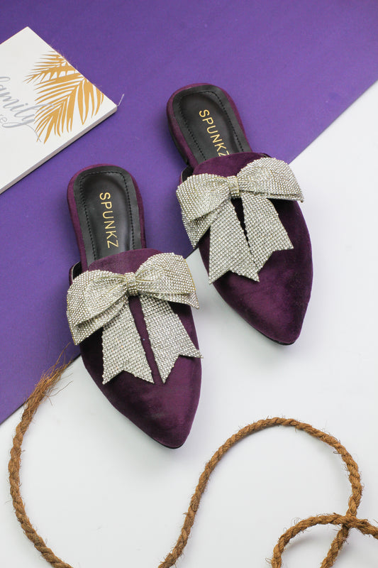 Annabel Purple Velvet Bowknot Ladies Mules Sandals
