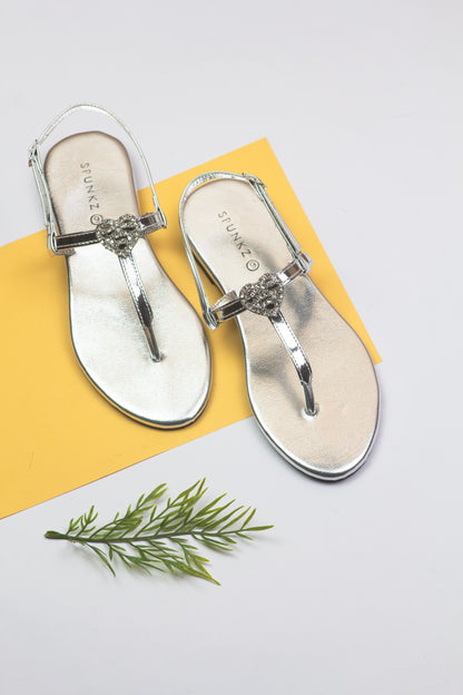 Anya T-Strap Silver Thong Sandals with Buckle Closure - Spunkz