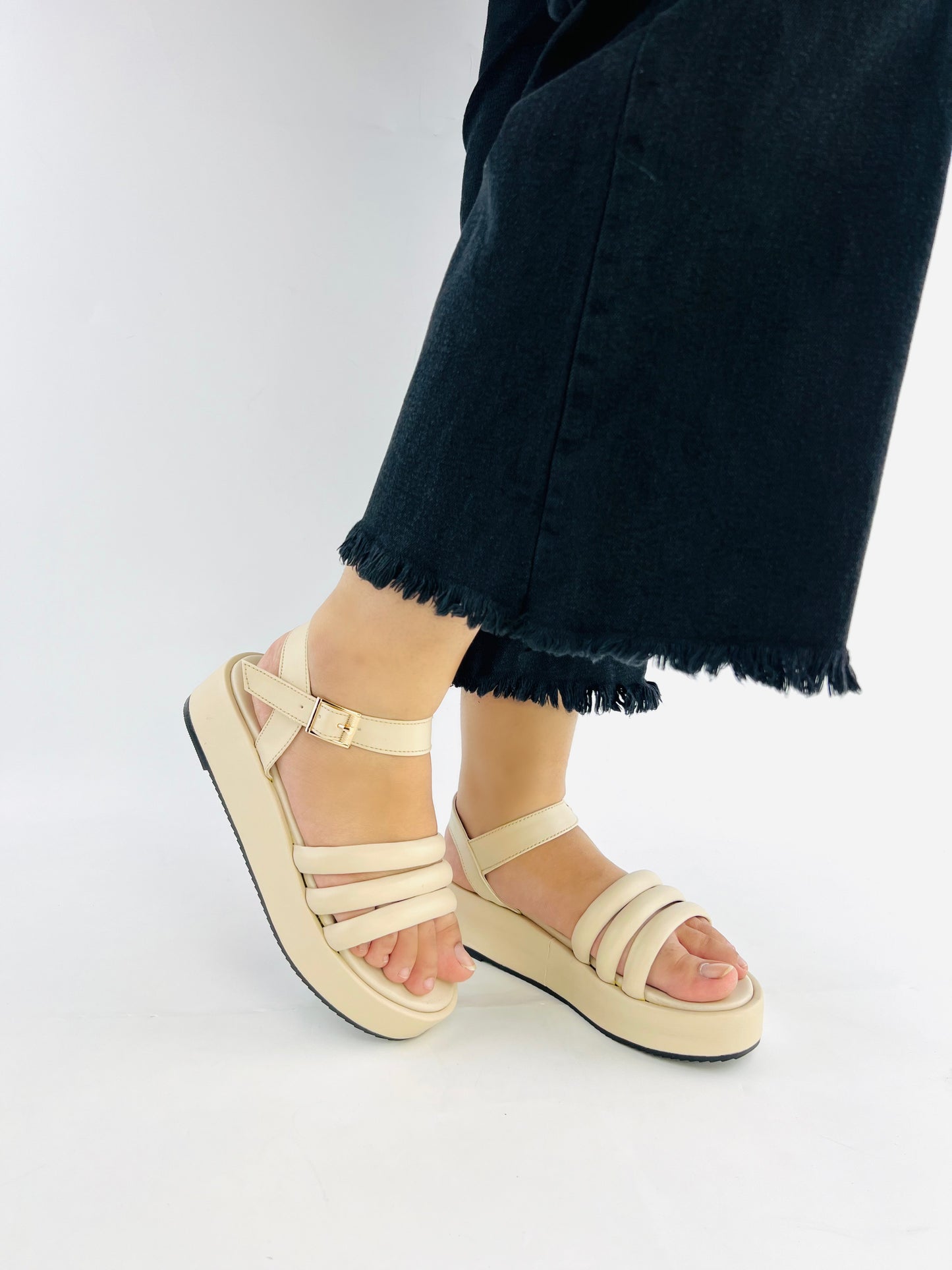 Spunkz Beige Patent Comfy Ankle Strap Platform Wedge Sandals-11027