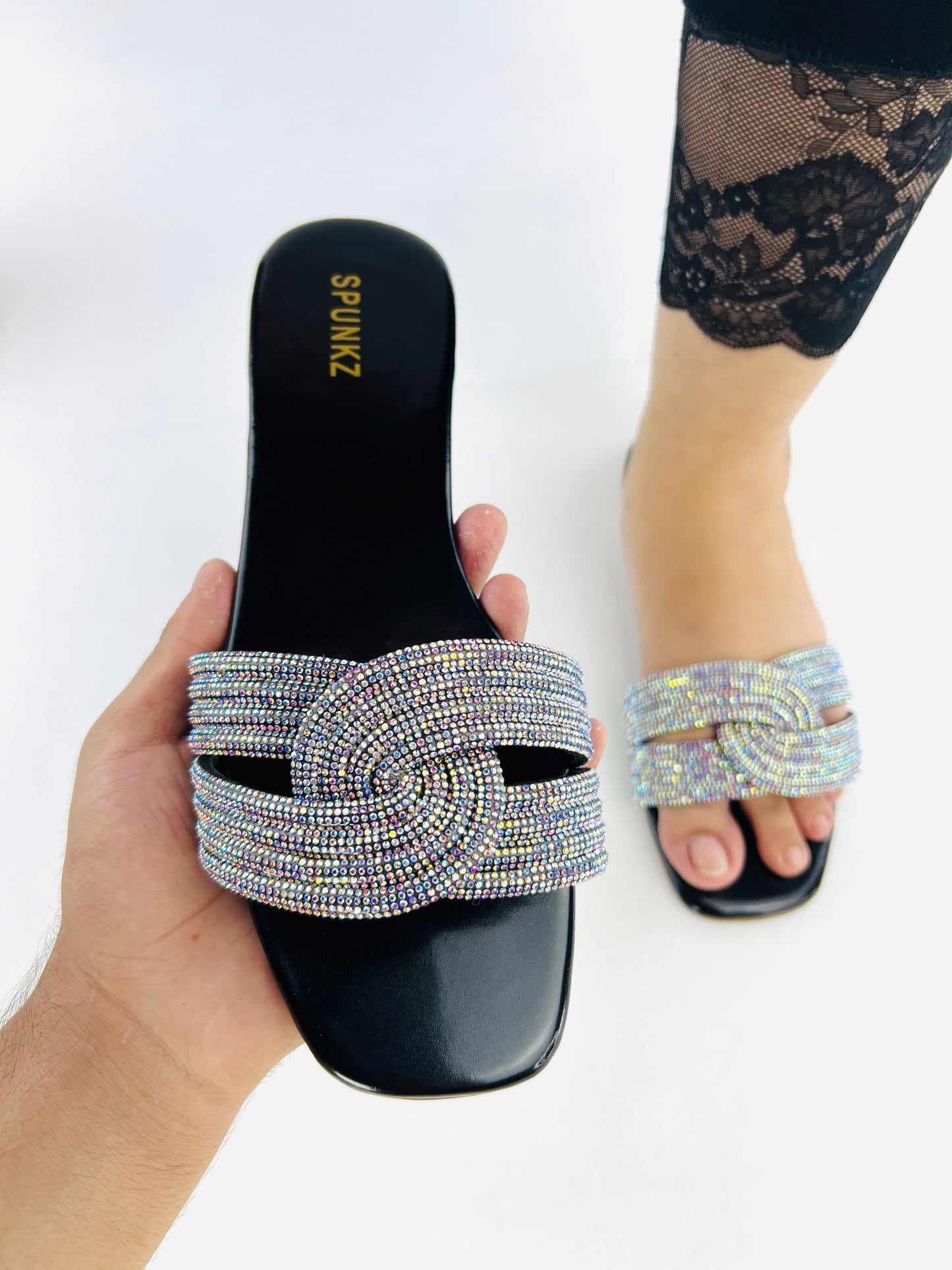 Spunkz Crystal Embellished Diamanté Knotted Straps Slides