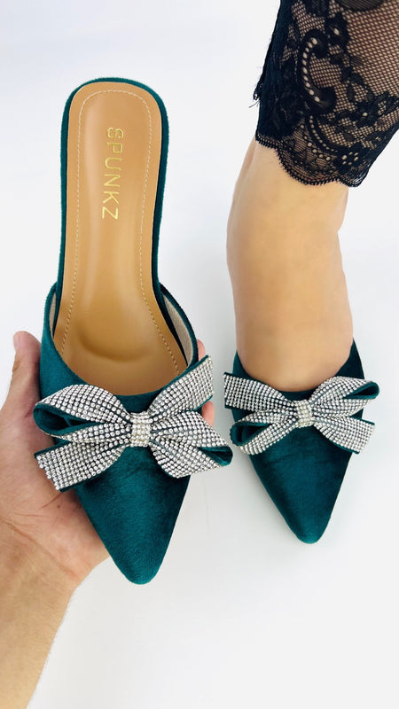 Velvet Bow Mule Sandals (Green) - Spunkz