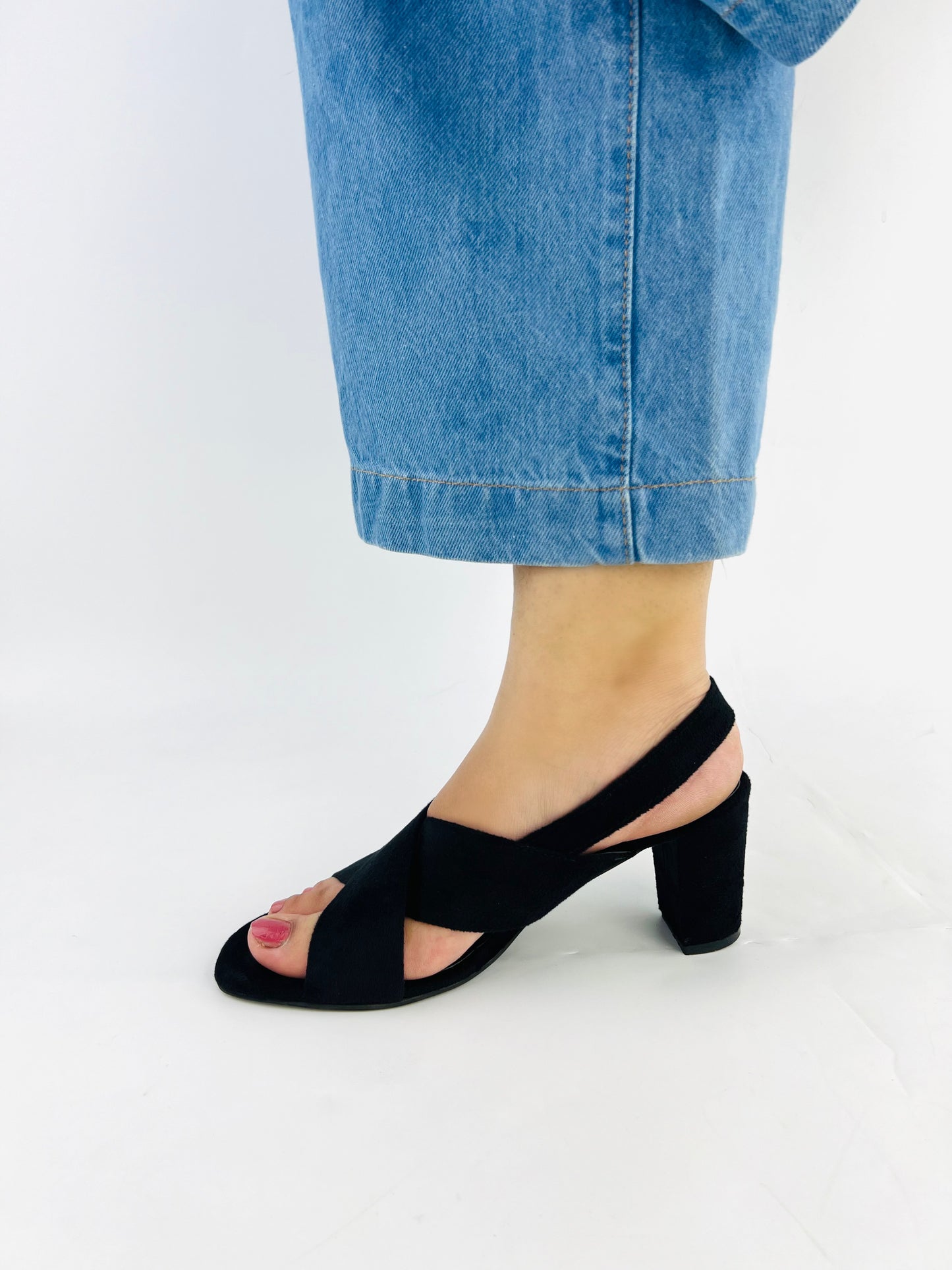 Spunkz Black Comfort Cross Over Block Heeled Sandals