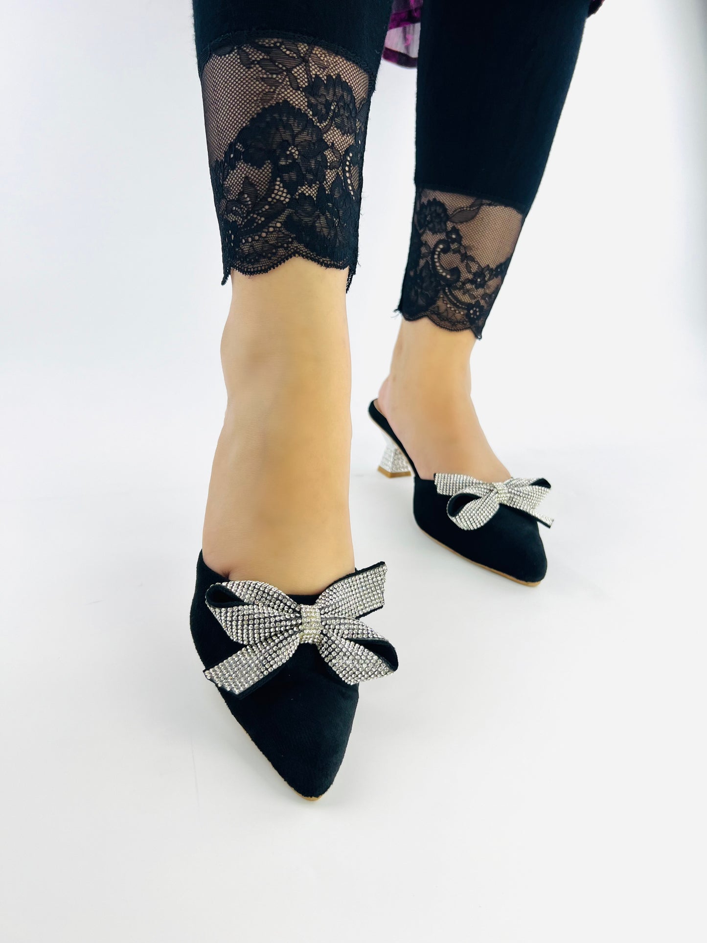 Spunkz Pointed Toe Black Velvet Mules with Rhinestone Kitten Heels