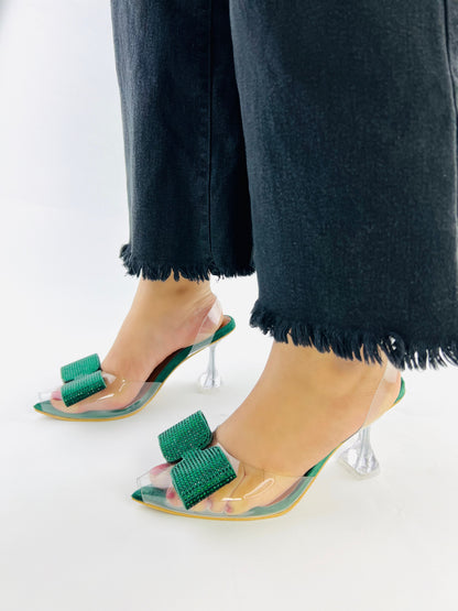 Green Romeo Crystal Bow Transparent Cinderella Heels