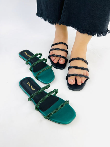 Quilted Green Flat Slip on Sandals (11084) - Spunkz