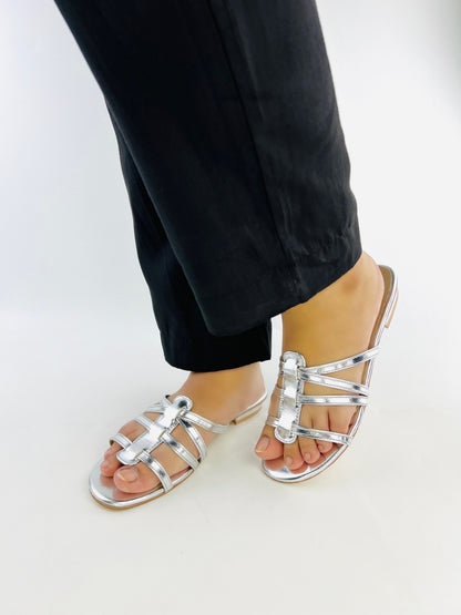 Spunkz Bella Silver open-toe leather flat sandals