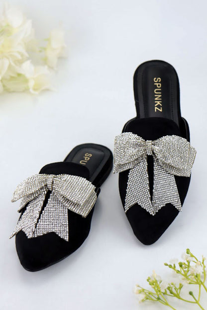 Trista Black Embellished Bow Velvet Mules - Spunkz