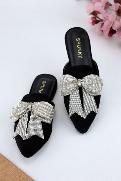 Trista Black Embellished Bow Velvet Mules - Spunkz