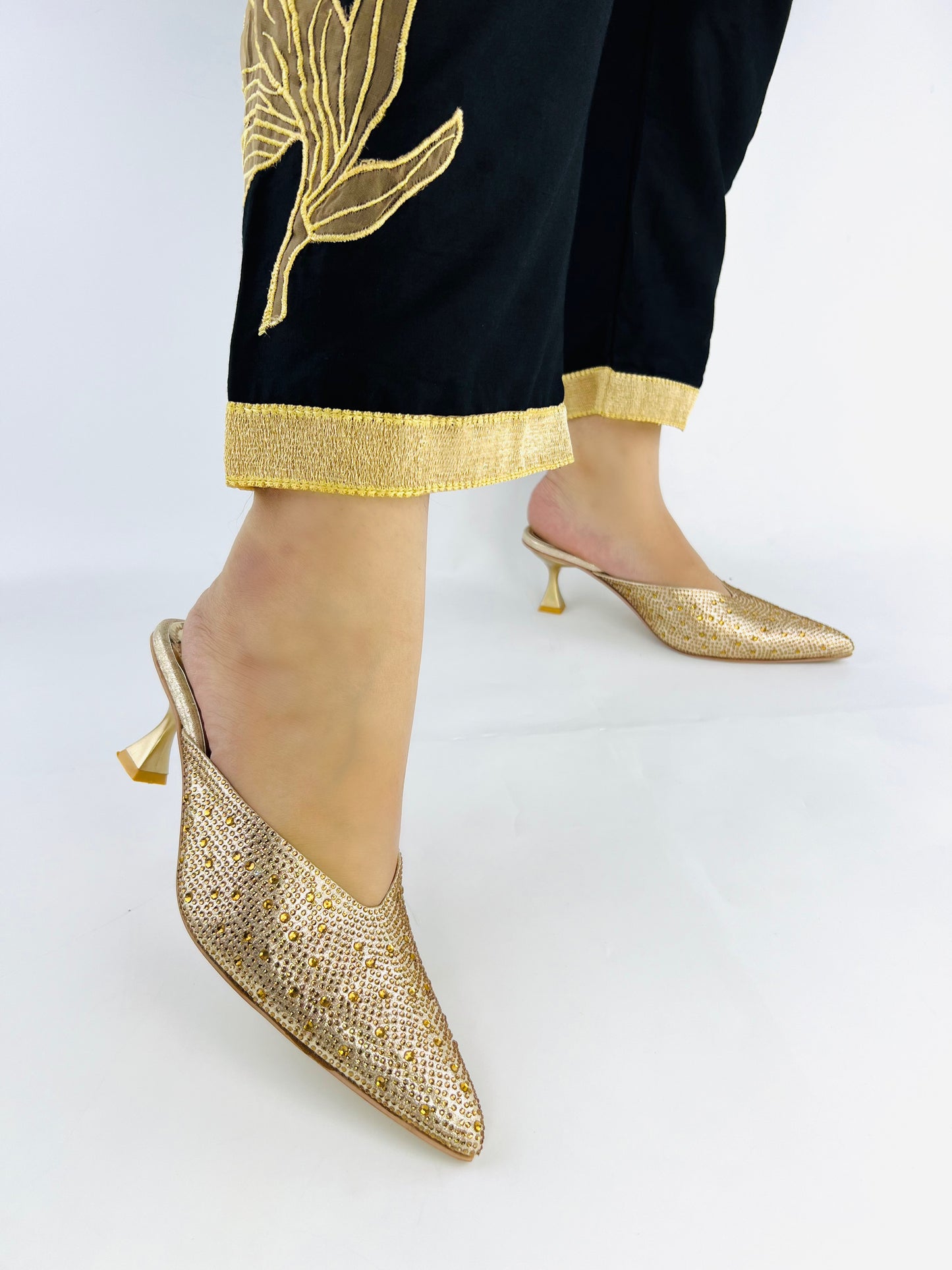 Crystal Sequins Gold Embellished Pointed Shallow Diamond Suede Mules