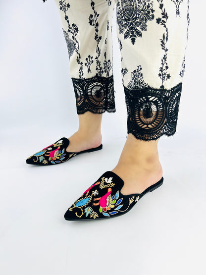 Spunkz Peacock Hand Embroidery Black Velvet Flat Mules