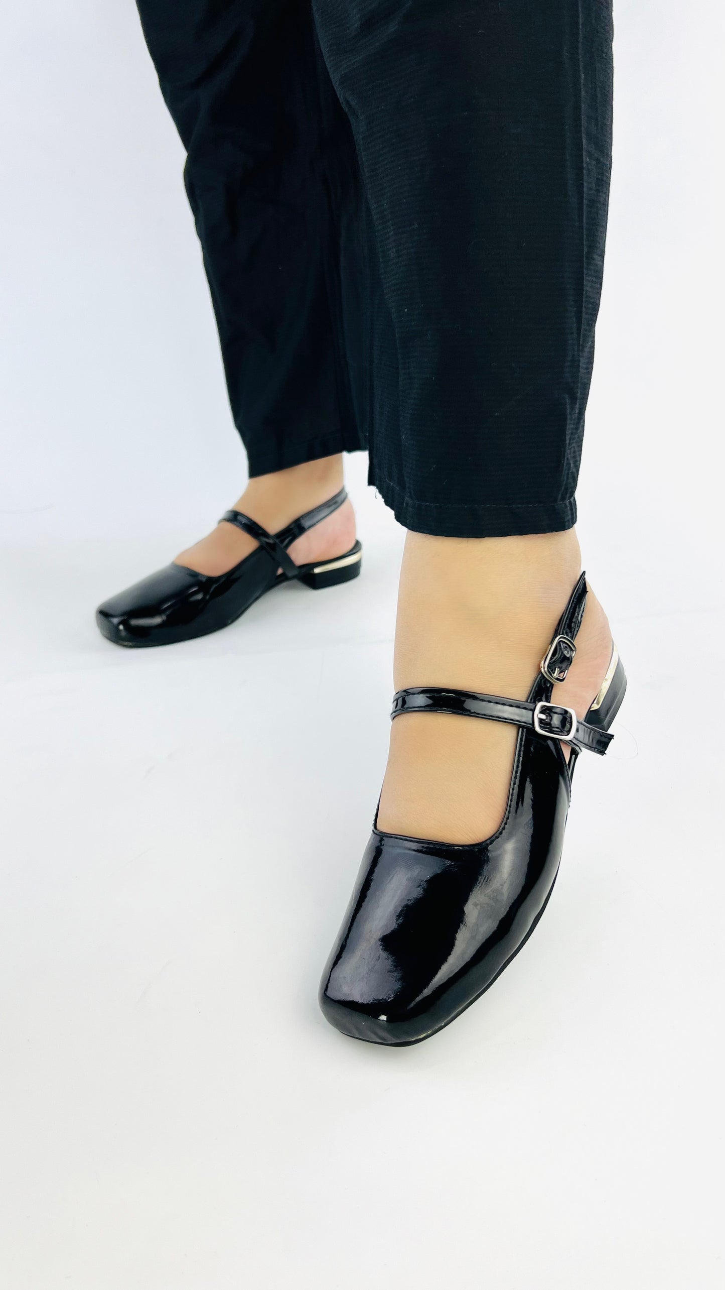 Black Patent Leather Open Back Square Toe Heel Shoes