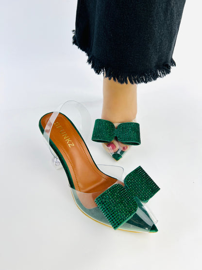 Green Romeo Crystal Bow Transparent Cinderella Heels