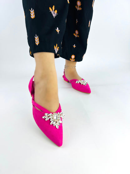 Spunkz Rhinestone Jewelled Pink Point Toe Slingback Flats for Women