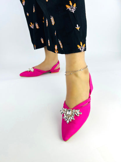 Spunkz Rhinestone Jewelled Pink Point Toe Slingback Flats for Women