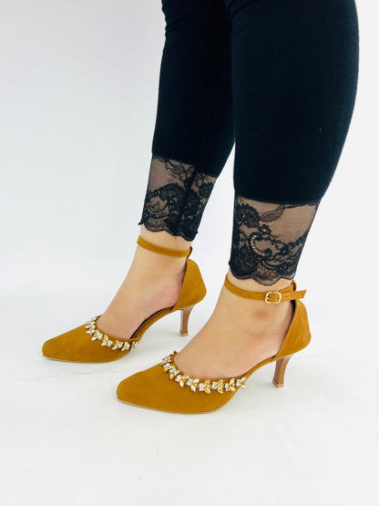 Brown Petal Flowers Studded Ankle Strap leather Heels