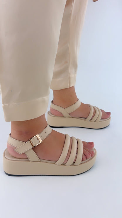 Spunkz Beige Patent Comfy Ankle Strap Platform Wedge Sandals