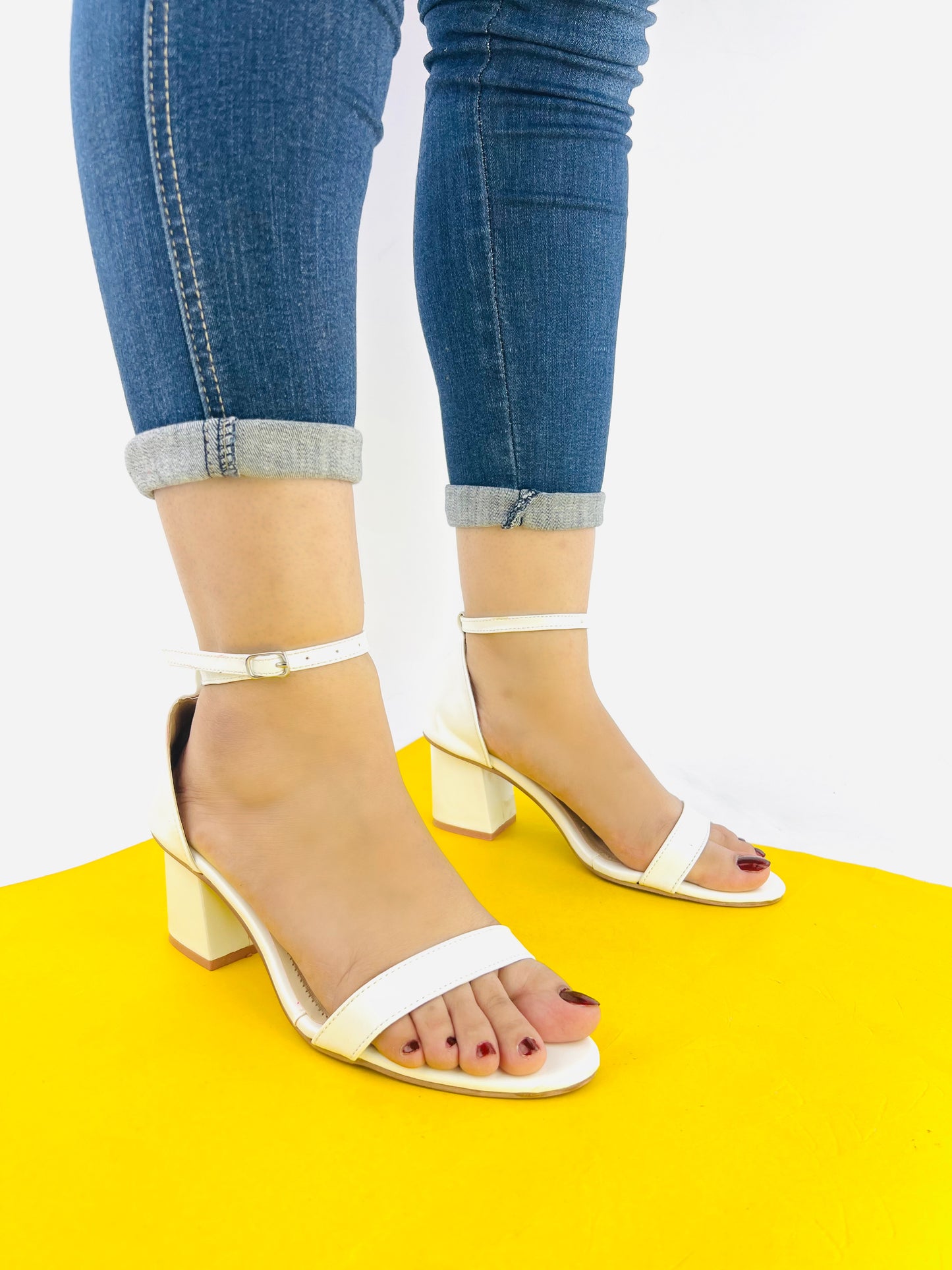 Liza White Chunky Heeled Ankle Strap Sandals 0005-Wht