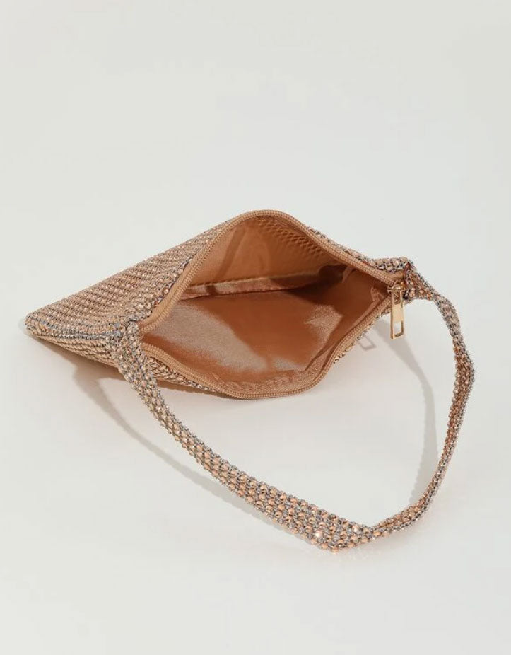 Champagne Color Rhinestone Decorated Zippered Evening Bag - Spunkz