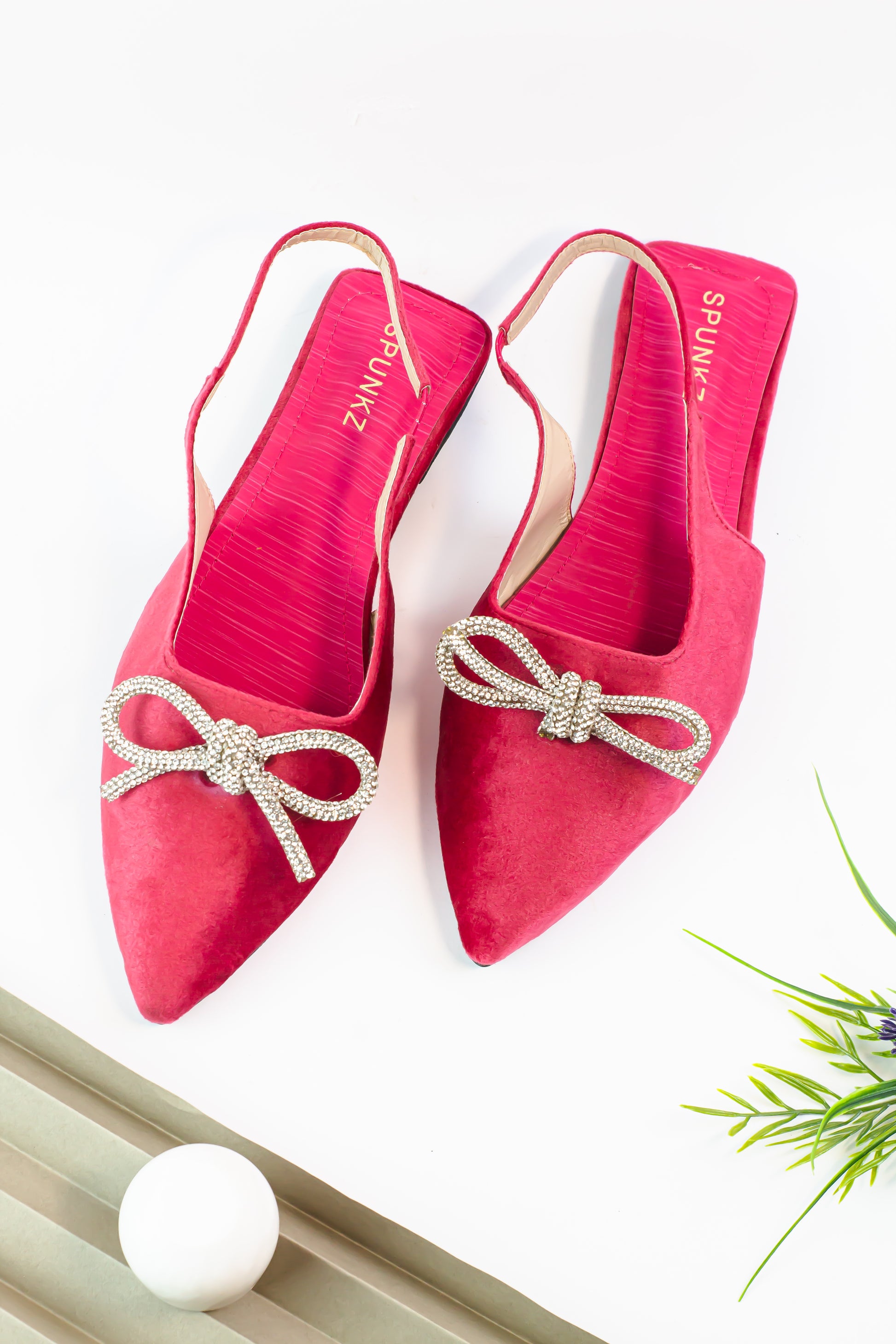 Cherry Pink Gem-Embellished Bow-Tie Slingback Flats - Spunkz