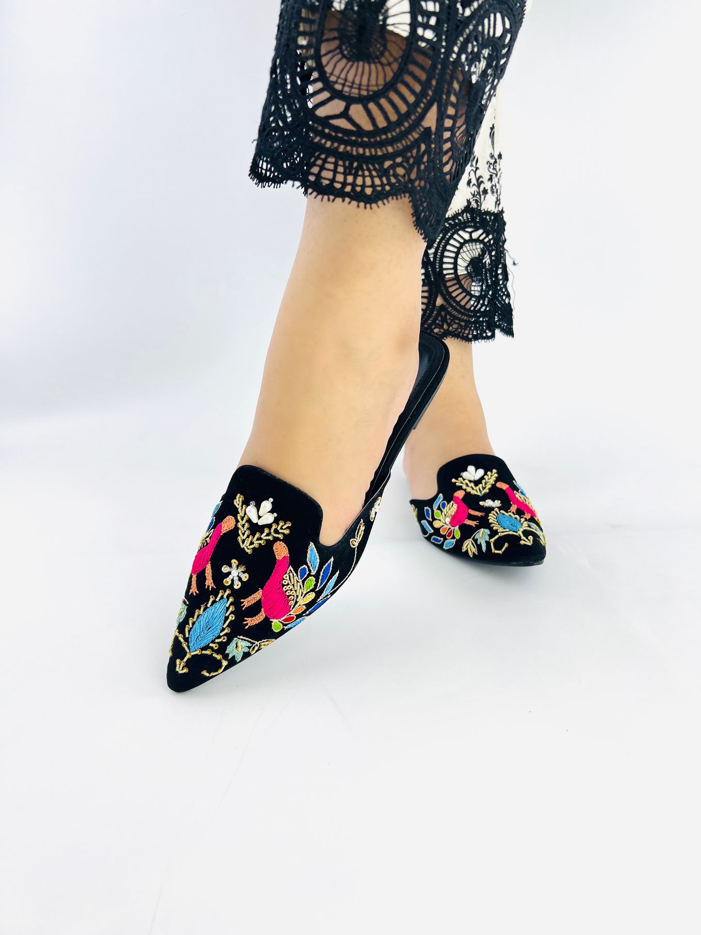 Spunkz Peacock Hand Embroidery Black Velvet Flat Mules