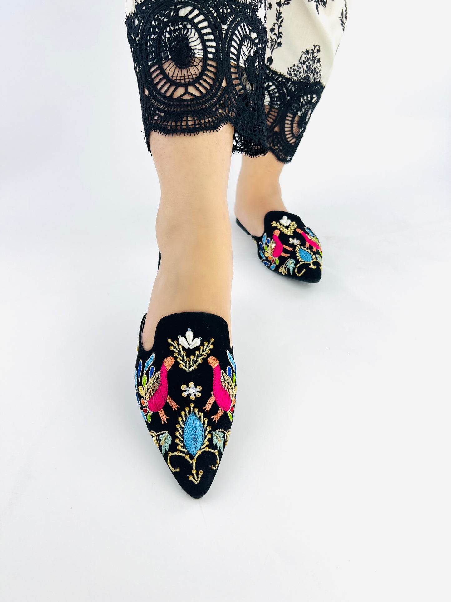 Spunkz Peacock Hand Embroidery Black Velvet Flat Mules