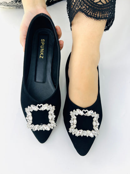 Myla Black Rhinestone Decor Point Toe Flat Shoes