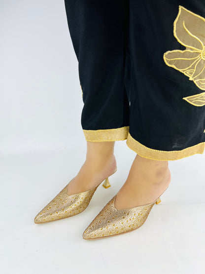 Crystal Sequins Gold Embellished Pointed Shallow Diamond Suede Mules