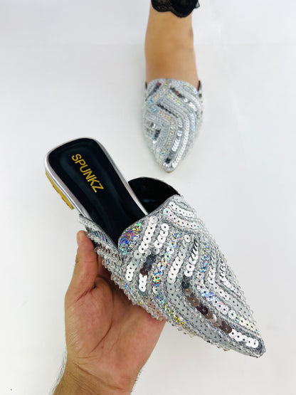 Spunkz Silver Sequins Mules for Weddings and Parties