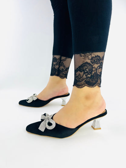 Spunkz Pointed Toe Black Velvet Mules with Rhinestone Kitten Heels