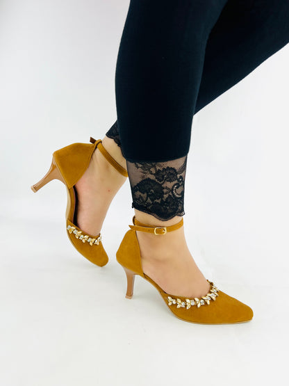 Brown Petal Flowers Studded Ankle Strap leather Heels